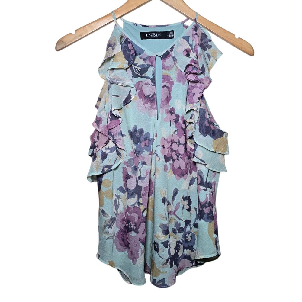 Lauren Ralph Lauren Women’s 4 Ruffle Sleeveless Keyhole Floral Blouse Teal